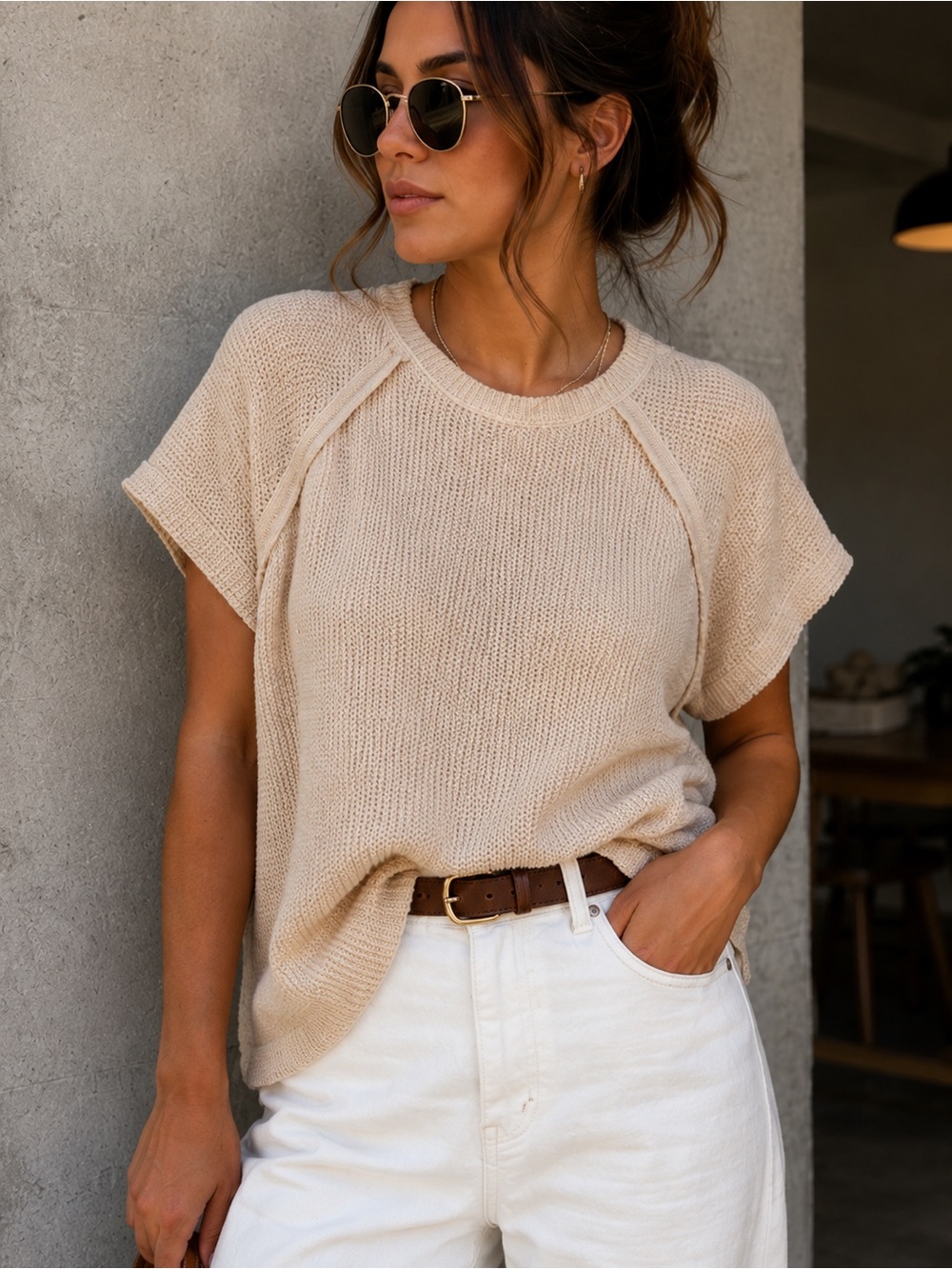 ANDREE BY UNIT Short-Sleeve Knit Top in Beige
